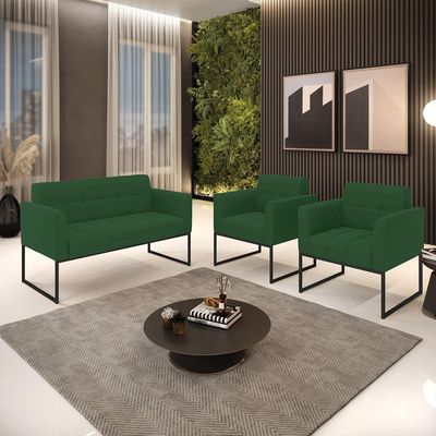 Kit 1 Sofá Namoradeira E 2 Poltronas Elisa Veludo Base Metálica Industrial Preto - D'rossi Cor Verde
