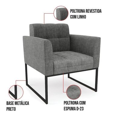 Poltrona Elisa Linho Grafite A26 Base Metálica Industrial Preto - D'rossi