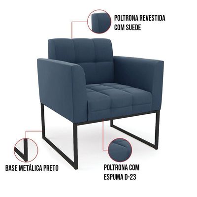 Poltrona Elisa Suede Azul Marinho Base Metálica Industrial Preto - D'rossi