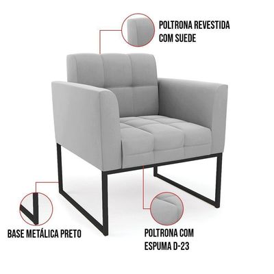 Poltrona Elisa Suede Cinza Base Metálica Industrial Preto - D'rossi