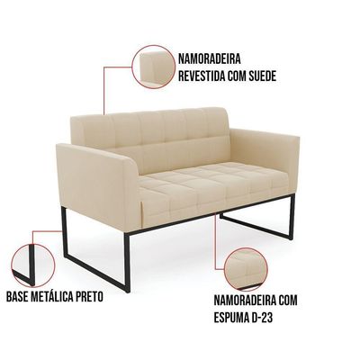 Kit 1 Sofá Namoradeira E 2 Poltronas Elisa Suede Base Metálica Industrial Preto - D'rossi Cor Bege