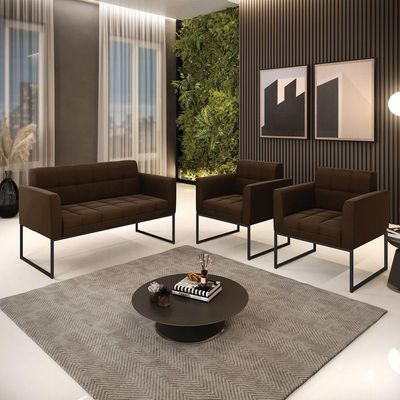 Kit 1 Sofá Namoradeira E 2 Poltronas Elisa Suede Base Metálica Industrial Preto - D'rossi Cor Marrom