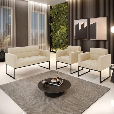 Kit 1 Sofá Namoradeira E 2 Poltronas Elisa Suede Bege Base Metálica Industrial Preto - D'rossi