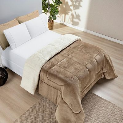 Coberdrom Sherpa E Flannel Everest Queen Manta Alta 150g 01 Peça - Caqui