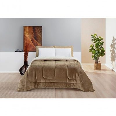 Coberdrom Sherpa E Flannel Everest Solteiro Manta Alta 150g 01 Peça - Caqui