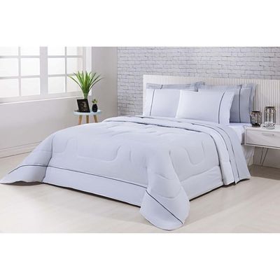 Kit Edredom 100% Algodão Percal 150 Fios Dupla Face Queen + Jogo De Cama 7 Peças - Cinza-branco