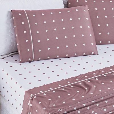 Jogo De Cama Lençol 200 Fios Petit Poá Casal Padrão 04 Peças - Rose