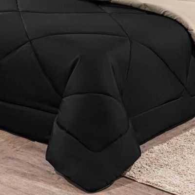Kit Edredom + Jogo De Lençol Aconchego Look House Dupla Face Casal Queen 06 Peças - Preto- Caqui