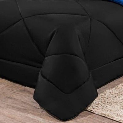 Kit Edredom + Jogo De Lençol Aconchego Look House Dupla Face Casal King 06 Peças - Preto E Azul