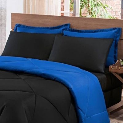 Kit Edredom + Jogo De Lençol Aconchego Look House Dupla Face Casal King 06 Peças - Preto E Azul