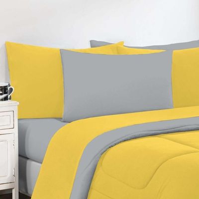 Kit Edredom + Jogo De Lençol Malha 100% Algodão Gran Moratta 7 Peças Casal - Amarelo-cinza
