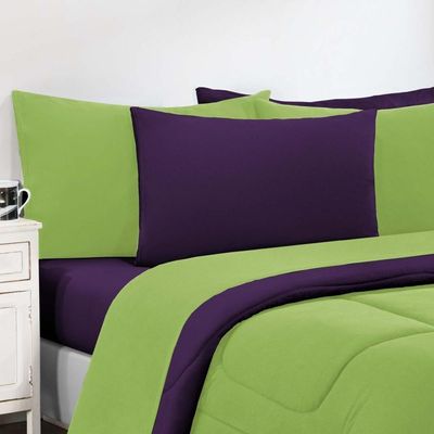 Kit Edredom + Jogo De Lençol Malha 100% Algodão Gran Moratta 7 Peças Casal - Verde Pistache-roxo