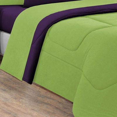Kit Edredom + Jogo De Lençol Malha 100% Algodão Gran Moratta 7 Peças Casal - Verde Pistache-roxo