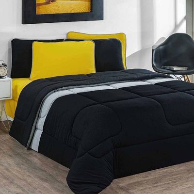 Kit Edredom + Jogo De Lençol Malha 100% Algodão Urbano 7 Peças Casal - Preto-mescla-amarelo