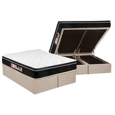Cama Box Baú Queen: Colchão Espuma Castor D33 Black E White Air Euro Pillow + Base Clean(158X198)
