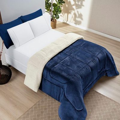 Coberdrom Sherpa E Flannel Everest Solteiro Manta Alta 150g 01 Peça - Marinho