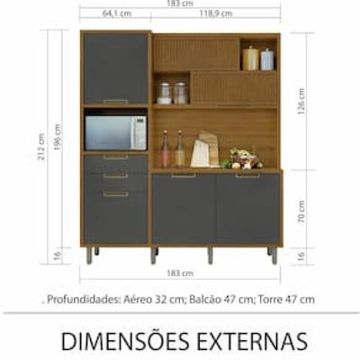Cozinha Compacta em MDF Loft Nesher Imperatriz com 6 Portas, 2 Gavetas, 11 Prateleiras - 183cm de largura Grafite