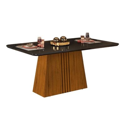 Mesa de Sala Jantar Italia + Tampo Madeirado Vidro 170x90cm Freijó/Off White - DJ Móveis