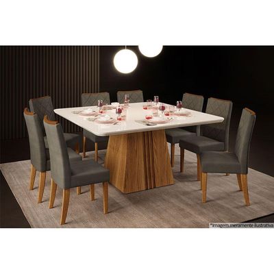 Mesa de Sala Jantar Itália + Tampo Madeirado Vidro Curvo 136x136cm Freijó/Off White - DJ Móveis