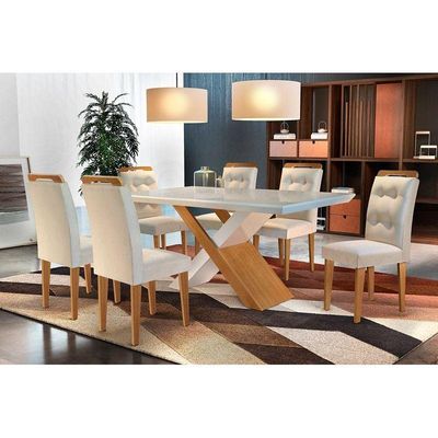 Mesa de Sala Jantar Imperatriz + Tampo Madeirado Vidro Reto 180x90cm Imbuia/Off White - Rufato