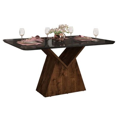 Mesa de Sala Jantar Argo + Tampo Madeirado Vidro Curvo 136x90cm Freijó/Off White - DJ Móveis