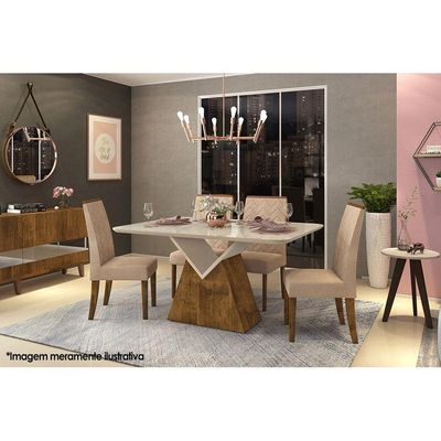 Mesa de Sala Jantar Argo + Tampo Madeirado Vidro Curvo 136x90cm Freijó/Off White - DJ Móveis