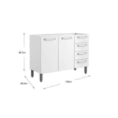 Balcão de Cozinha Evidence 7026 2 Portas 4 Gavetas s/ Tampo 120cm Branco - Bertolini