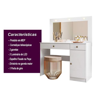 Penteadeira Camarim Com Led 2 Gavetas 1 Porta Branco Bella