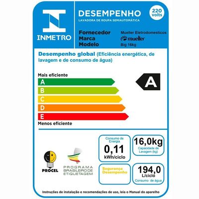 Lavadora Semiautomática Big com Aquatec 16kg Mueller 110V