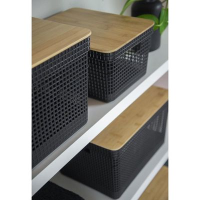 Cesto De Roupa Grid Chumbo 49 L Com Tampa De Bambu 38 X 28 X 55,6 Cm