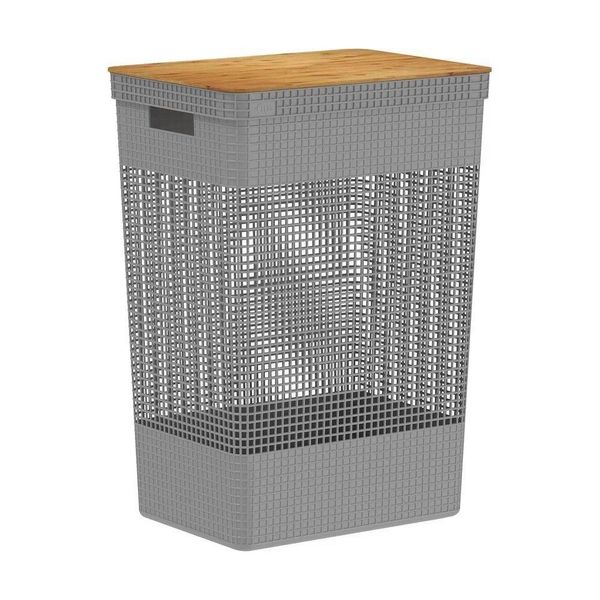 Cesto De Roupa Grid Chumbo 49 L Com Tampa De Bambu 38 X 28 X 55,6 Cm