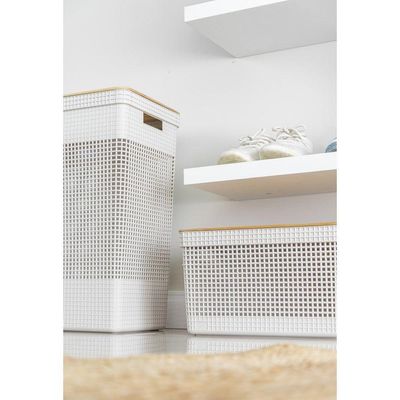 Cesto De Roupa Grid Branco Oceano 49 L Com Tampa De Bambu 38 X 28 X 55,6 Cm