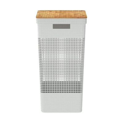 Cesto De Roupa Grid Branco Oceano 49 L Com Tampa De Bambu 38 X 28 X 55,6 Cm