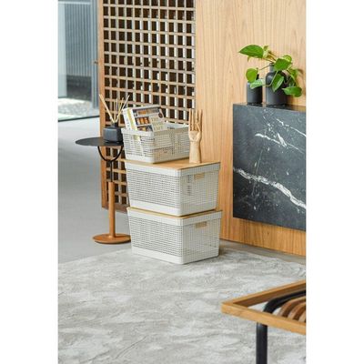 Cesto De Roupa Grid Branco Oceano 49 L Com Tampa De Bambu 38 X 28 X 55,6 Cm