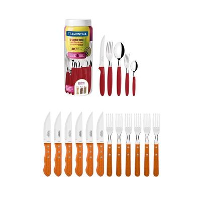 Kit - Jogo De Churrasco Inox 12 Peças Dynamic + 1 Faqueiro Vermelho 30pç - Tramontina