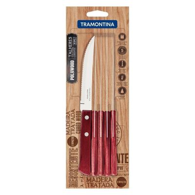Conjunto De Facas Para Churrasco 5" 6 Peças Em Aço Inox E Cabos Madeira Polywood Vermelho