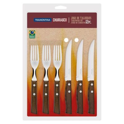 Jogo De Talheres Para Churrasco Em Aço Inox Com Cabo De Madeira Natural 12 Peças