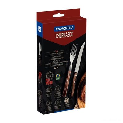 Jogo De Talheres Para Churrasco Em Aço Inox Com Cabo Castanho Polywood 12 Peças