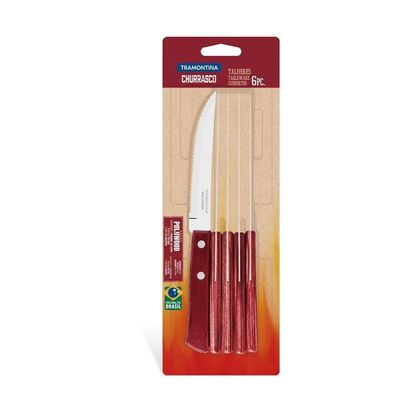 Conjunto De Facas Para Churrasco 5" Em Aço Inox Com Cabo Vermelho Polywood 6 Peças